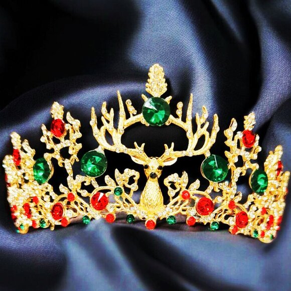 Christmas Gold Crown, Reindeer Crystal Tiara, Christmas Party, Xmas Tree Topper - Picture 8 of 9